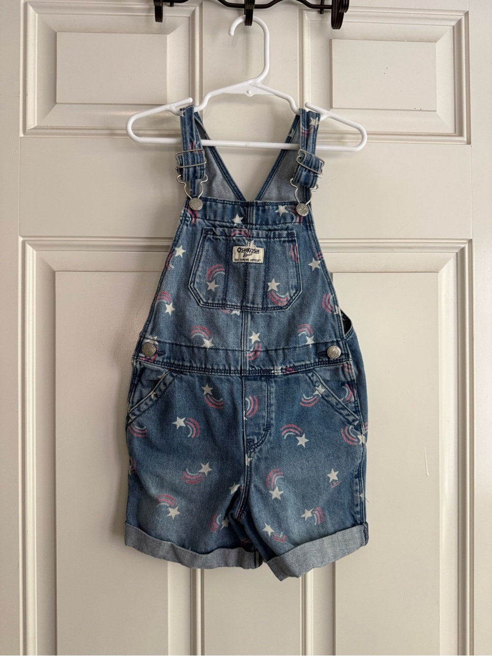 OshKosh B'gosh Blue Denim Short Overalls with Star & Rainbow Print